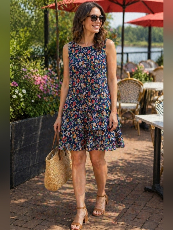 Lauren Ralph Lauren Dresses & Skirts - Lauren Ralph Lauren Floral Tiered Shift Dress Size 12 Navy Multicolor Crinkle Ge